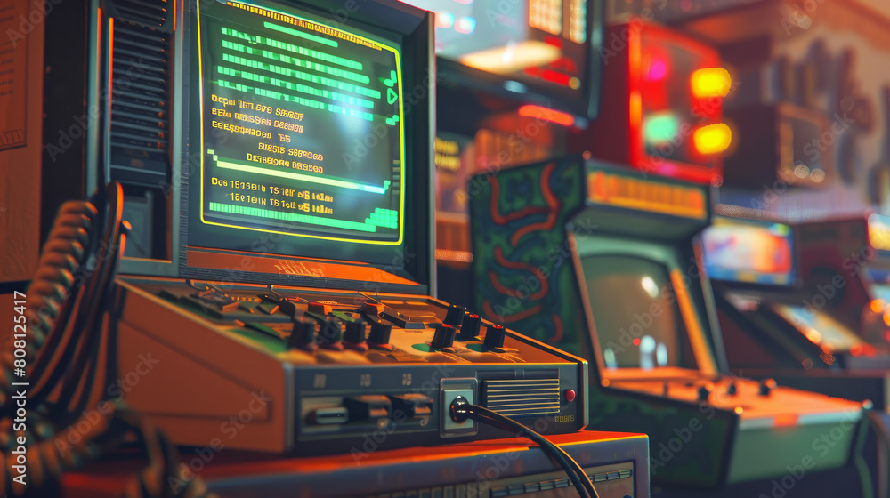 Foto Stock An old video game console is playing an 80s arcade game, the ...