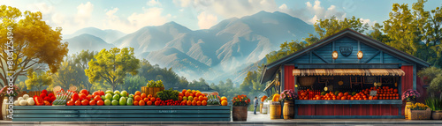 The image shows a colorful outdoor market with a blue house. There are many fruits and vegetables on sale. The background is a mountain range. The image is in a watercolor style. photo