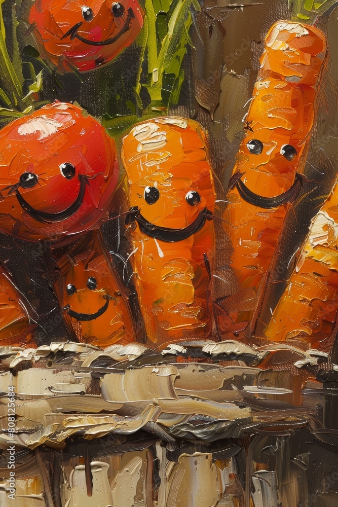 Fototapeta premium Close-up oil painting of adorable carrots and tomatoes with smiley faces peeking out of a basket, exuding warmth and playfulness