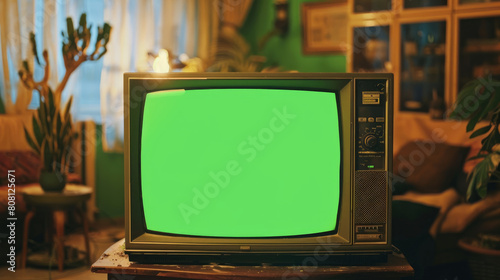 An old-fashioned green screen TV, like the ones from the 90s, sits in a living room. The screen is blank and ready to be filled with your own images or videos.