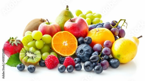 An assortment of fruits including apples  grapes  pears  kiwi  oranges  raspberries  strawberries  and blueberries.