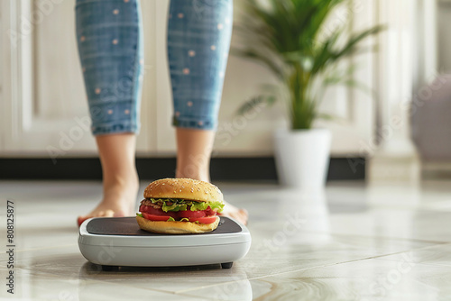 A hamburger on a scale close-up against the background of a woman in sportswear. Weight loss concept.