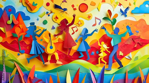 Obraz Papercut art of a family at a music festival, dancing and enjoying music, crafted from colorful paper.