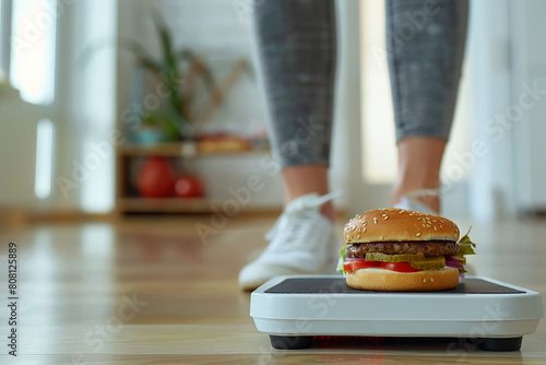 Weight loss concept. Hamburger on scales in the foreground. A woman in sneakers stands near the scales. 