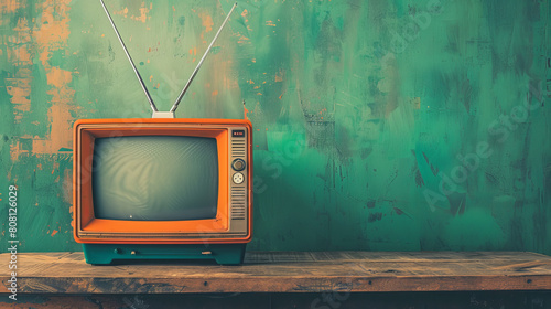 An old-fashioned orange TV sits on a wooden table against a cool green wall. The photo has a vintage Instagram filter, giving it a nostalgic and faded look. photo