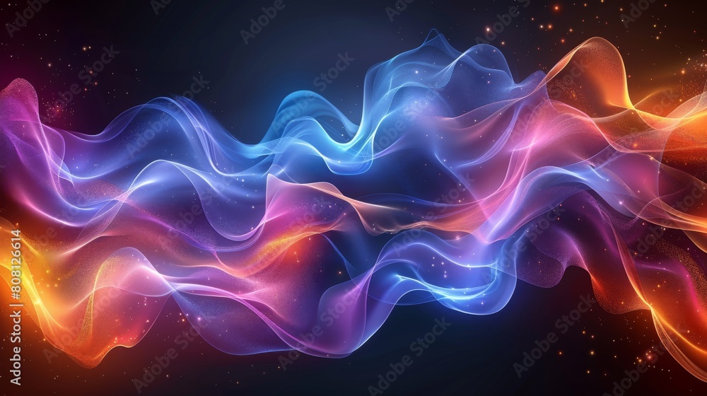 A dynamic colorful light pattern with abstract wave lines isolated on a black background. Modern illustration design element in a music, party, technology, or modern theme.