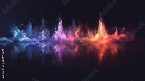 A modern illustration depicting an abstract motion sound wave equalizer in colors of purple, blue, and green isolated on a black background. photo
