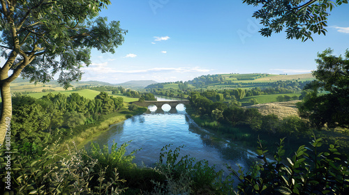 Serene River and Bridge in a Picturesque Landscape photo