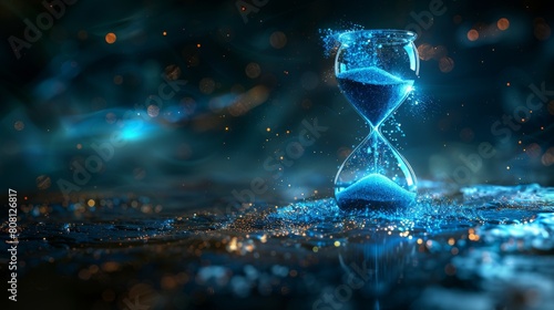 Light particles of blue and green color flowed in an hourglass on a black background. Modern illustration of time, technology, modern, time concept. © DZMITRY