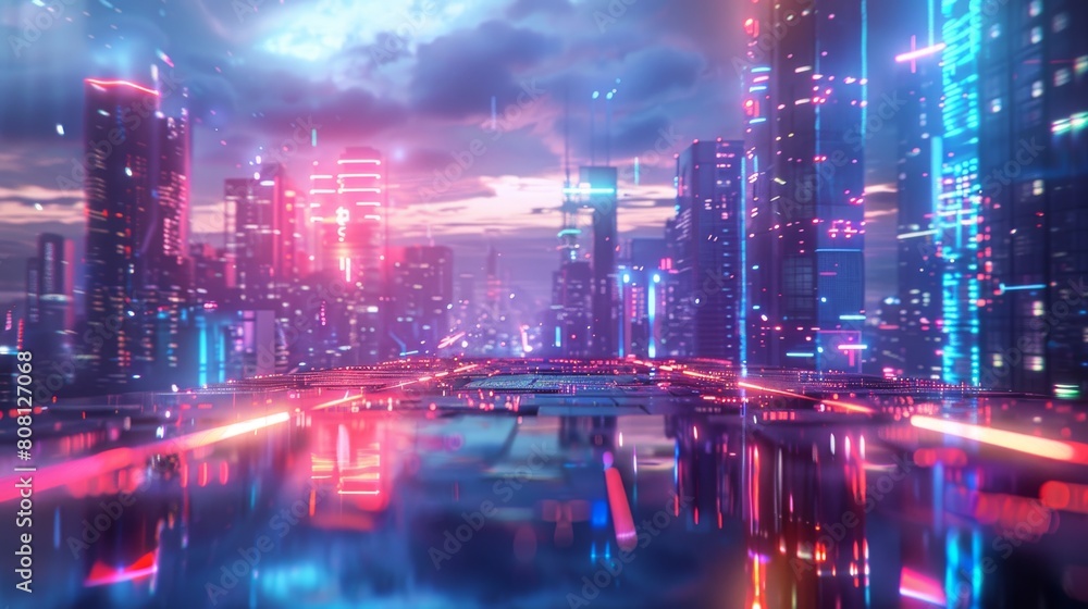 3d Neon Future, Neon-infused futuristic cityscape, Vibrant neon lights and reflections, Metallic and glossy futuristic textures, Reflective surfaces and neon reflections, Variable depth of field