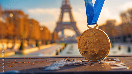 Close up of gold medal with blurry Eiffel tower background. Olympic games concept.	