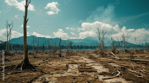 A photo of a deforested landscape. The trees have been cut down and the land is now barren