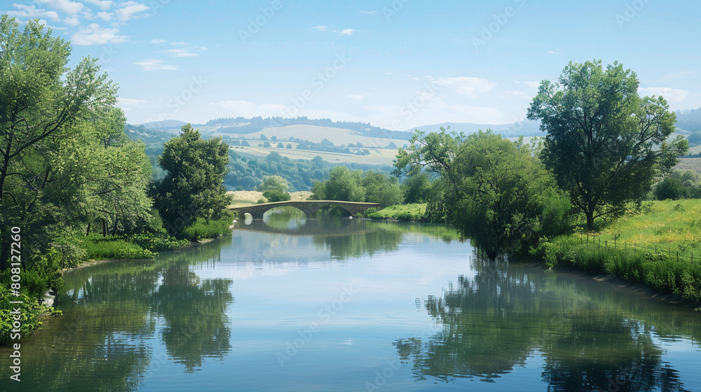 Serene River and Bridge in a Picturesque Landscape