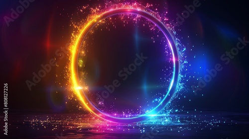 A modern abstract circle with wavy lines isolated on a black background with colorful spectrum light in a technology, digital, music, and science concept. photo