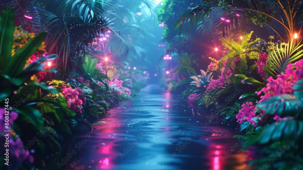 3d Techno Jungle, Digital flora and fauna in a neon jungle, Vibrant neon lights and spotlights, Neon and metallic textures, Reflective surfaces and neon reflections 3d Techno Jungle, Digital flora and fauna in a neon jungle, Vibrant neon lights and spotlights, Neon and metallic textures, Reflective surfaces and neon reflections