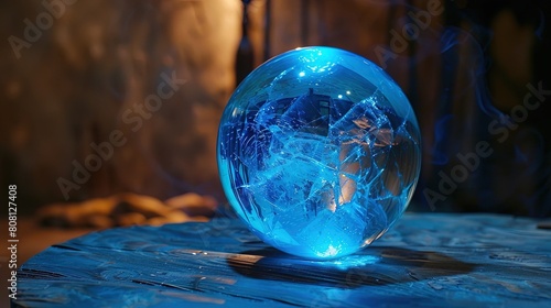 Crystal ball with blue light inside on wooden table.