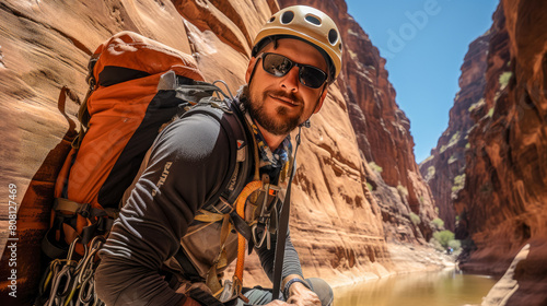Canyoneering, Cliffside rappelling, Canyon explorations, Adventure abseiling, Harness and gear, Vertical descents, Rocky landscapes, photo