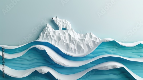 Papercut art of a melting paper ice cap, with a polar bear on a shrinking iceberg, symbolizing global warming. photo