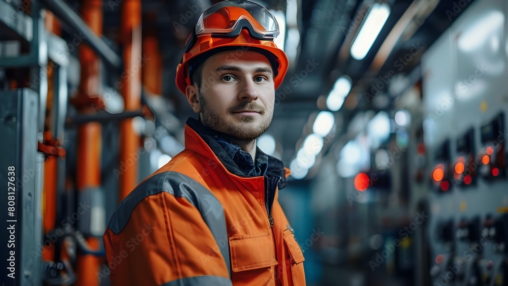 Worker in uniform and helmet standing in electrical substation. Concept Electrical Worker, Uniform, Helmet, Substation, Industrial Safety Worker in uniform and helmet standing in electrical substation. Concept Electrical Worker, Uniform, Helmet, Substation, Industrial Safety