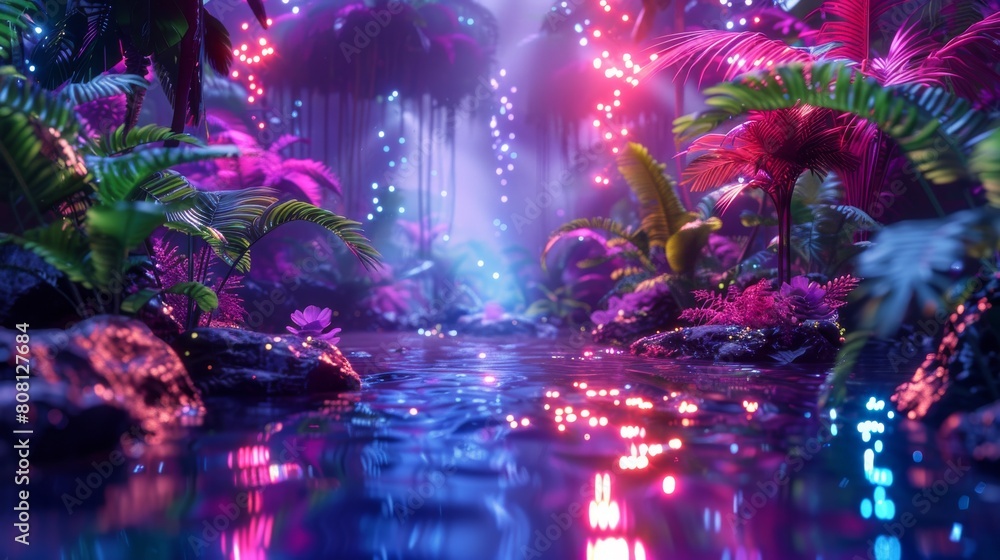 3d Techno Jungle, Digital flora and fauna in a neon jungle, Vibrant neon lights and spotlights, Neon and metallic textures, Reflective surfaces and neon reflections