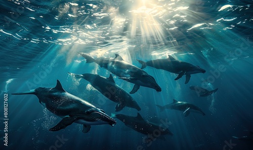 Group of dolphins swimming in the ocean. Underwater world. © Resi