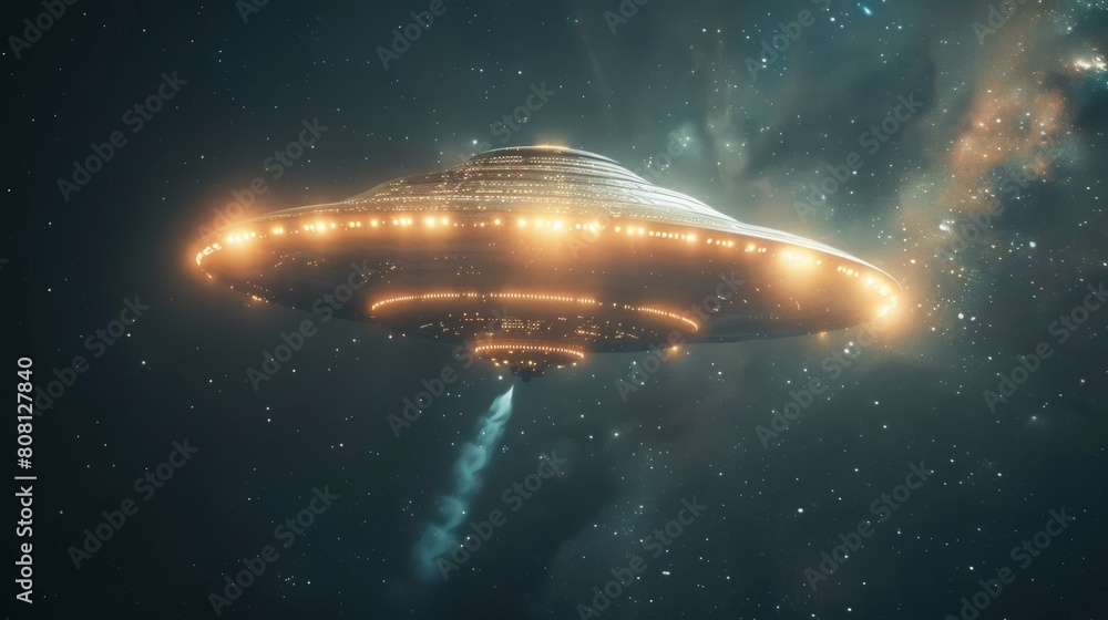 Fototapeta premium a ufo with bright beams of light in the night sky, suggesting a mysterious extraterrestrial spaceship