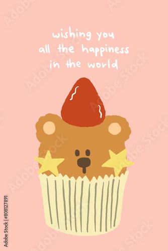 cute teddy bear cupcake with star and strawberry on top on pink background  illustration birthday card decoration. greeting card for blessing.