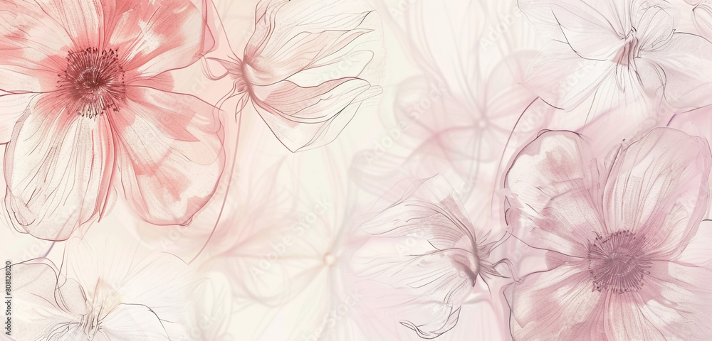 Soft pink and white flowers depicted in line-drawn abstract, offering tranquility. Soft pink and white flowers depicted in line-drawn abstract, offering tranquility.