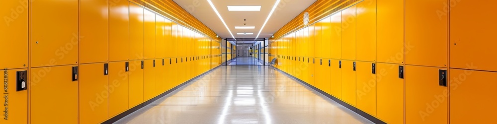 Bright School Hallway Vibrant Yellow Lockers, Modern Feel Bright School Hallway Vibrant Yellow Lockers, Modern Feel