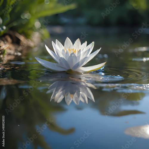 a white flower floating in a pond of water