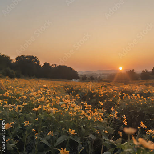 araffy field of yellow flowers with the sun setting in the background photo