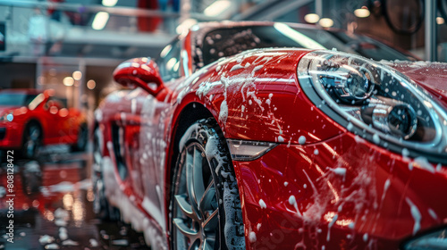 Expert car cleaners get a sports car ready to be sold at a dealership. The car is red with a classic design and has been cleaned with special foam. © Mehran
