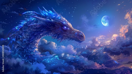 A majestic blue dragon soars through the clouds, its wingswoGuang gete, Yue haHui iteimasu © MAY