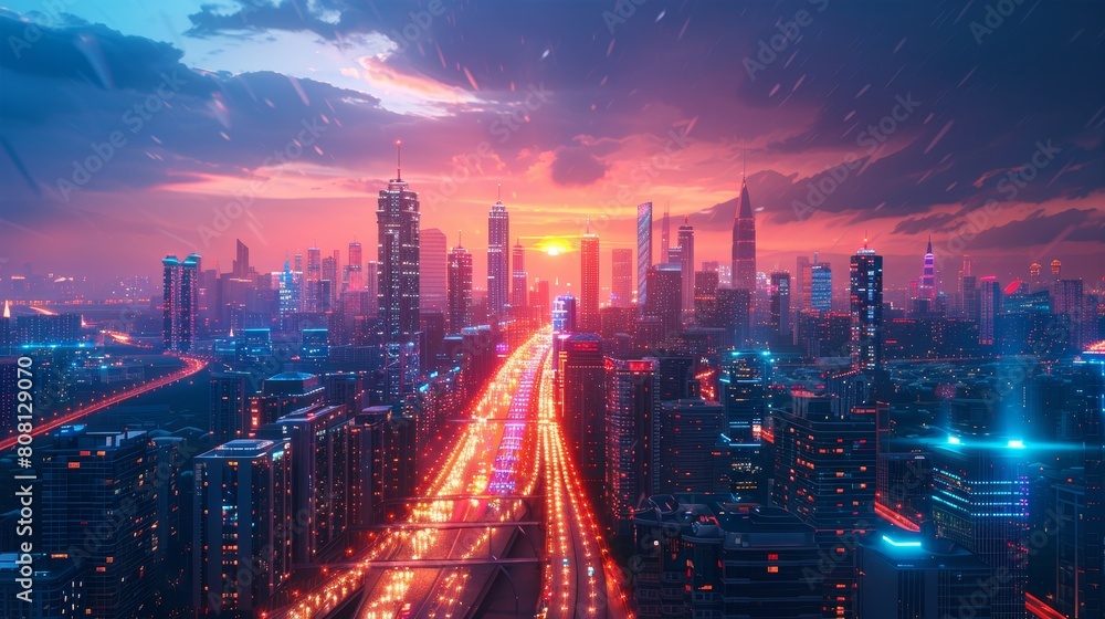 A stunning view of a futuristic city at night. The city is full of skyscrapers and lights, and the sky is a deep blue. The image is very detailed and realistic.