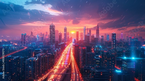 A stunning view of a futuristic city at night. The city is full of skyscrapers and lights, and the sky is a deep blue. The image is very detailed and realistic. © MAY