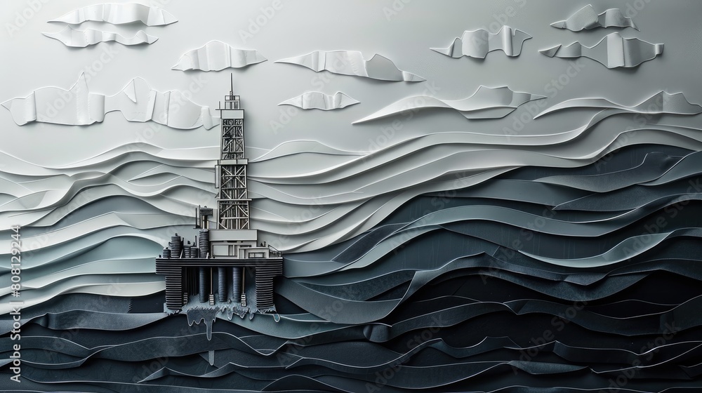 Fototapeta premium Papercut art of an oil drilling rig at sea, with dark paper waves and a rig crafted from layers of gray paper.