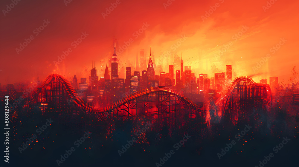 A fiery apocalyptic cityscape with a roller coaster in the foreground, engulfed in intense red and orange hues, reminiscent of a disaster scene