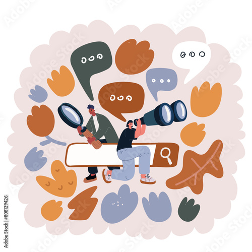 Cartoon vector illustration of girl looks through binoculars search bar. Search bar with flowers. Searching, finding, web surfing, searching opportunities concept.