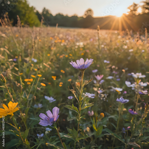 a many different flowers in a field with the sun setting © Masum