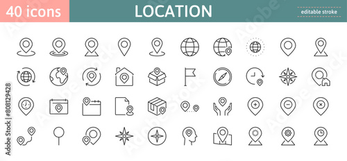 Location 40 line icons set. Point, map, gps navigator, geolocation sign or symbol. Isolated on a white background. Pixel perfect. Editable stroke. 64x64.