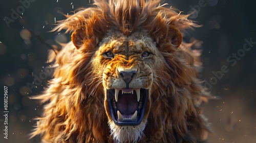 A fierce lion roars in the middle of the savanna
