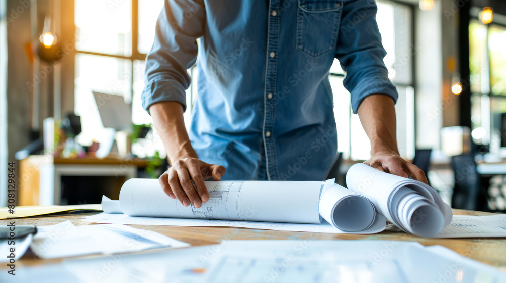 Detailed Planning: Architect with Blueprints in Office
Detailed Planning: Architect with Blueprints in Office