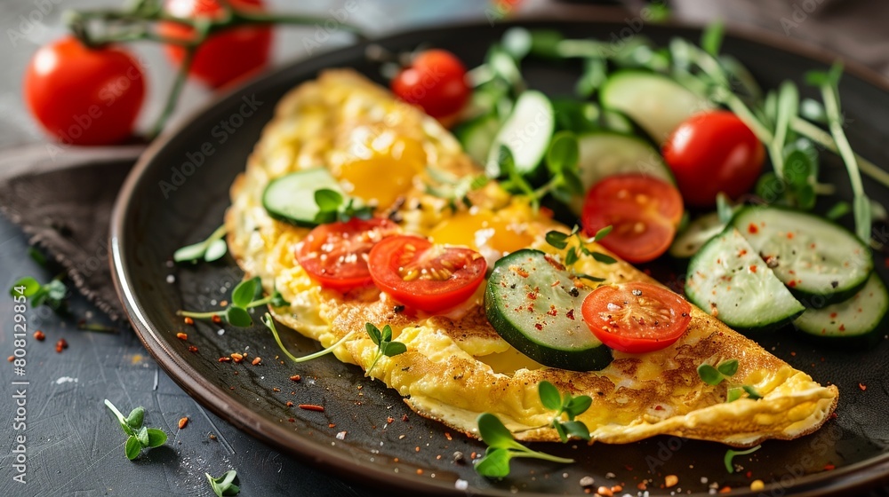 A fresh omelet garnished with vegetables close-up A fresh omelet garnished with vegetables close-up