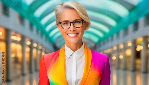 Radiant businesswoman in a colorful blazer, smiling in a modern mall, embodies diversity and energy.

 photo