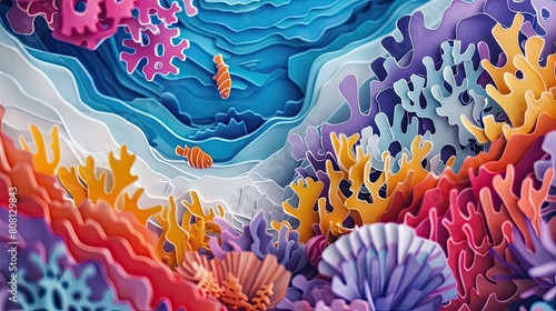 Papercut art of coral reefs, with vibrant colored paper turning white to depict coral bleaching due to global warming. photo