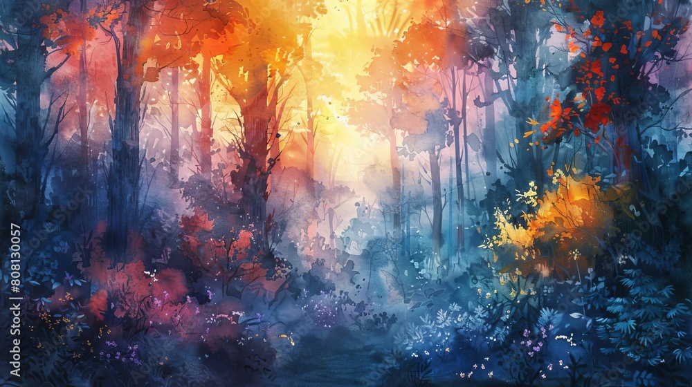 A mystical watercolor forest with a warm sunlight shining through the trees.