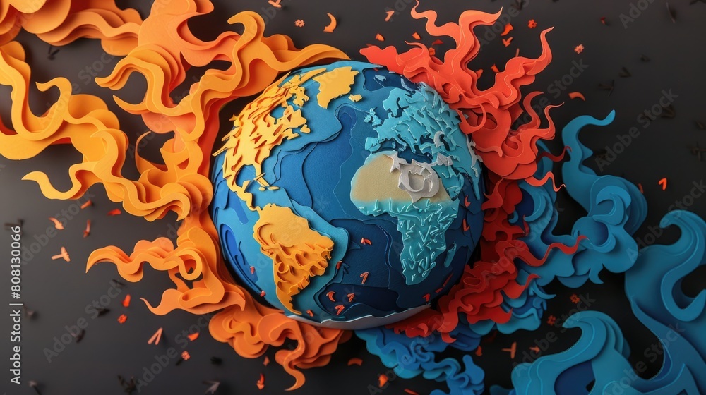 Naklejka premium Papercut art showing a globe with half covered in smoke and flames and half in vibrant life, symbolizing the choice humanity faces