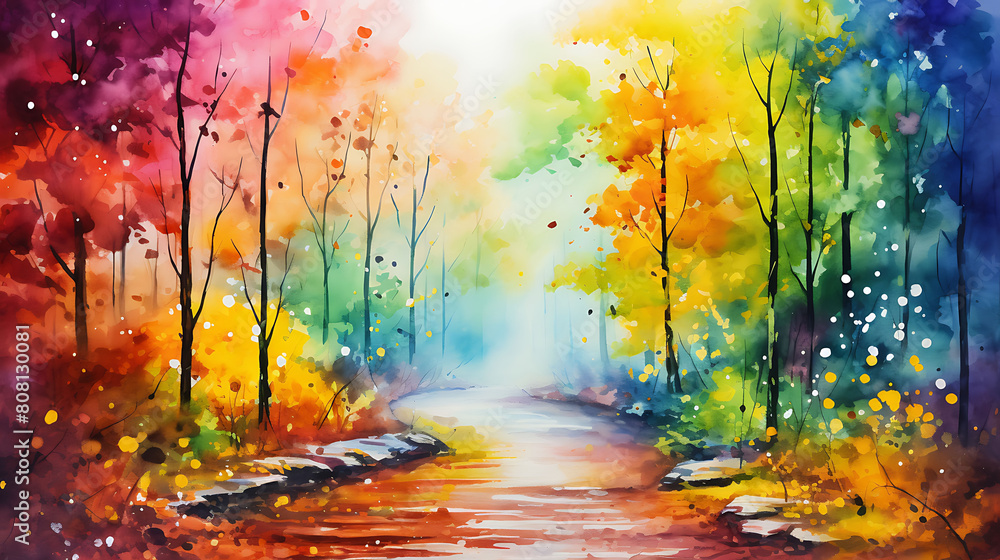 Paint a watercolor background capturing the vibrant colors of autumn in a forest