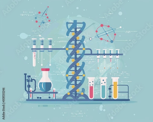 Flat design depicting the process of DNA replication in a clean, minimalistic style, cool tones, focus on precision and scientific accuracy