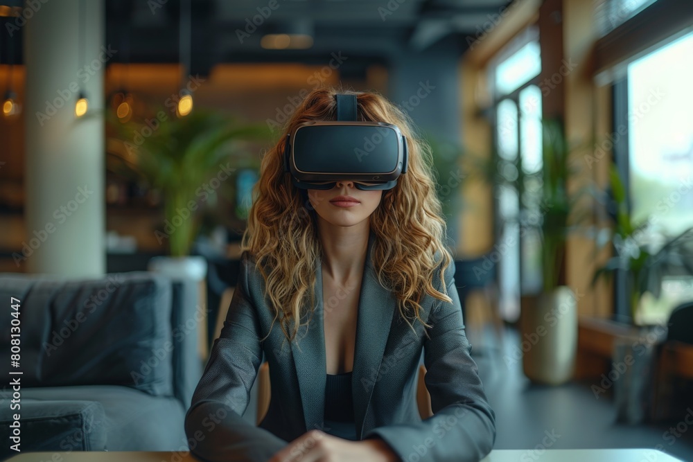 Woman Wearing Virtual Headset at Table Woman Wearing Virtual Headset at Table
